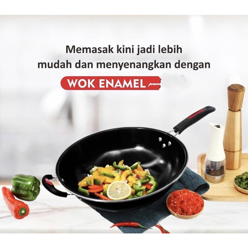 WAJAN ENAMEL HITAM GAGANG PANJANG LIST MERAH - PANCI WAJAN TEBEL ANTI LENGKET 32/34CM - TEFLON HITAM CEKUNG - WOOK PAN JUMBO PENGGGORENGAN HIQH QUALITY