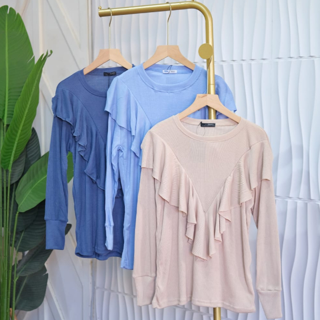 Lady Blouse Ruffle Knit Cotton Rib - Azura Aruna Blouse Rib