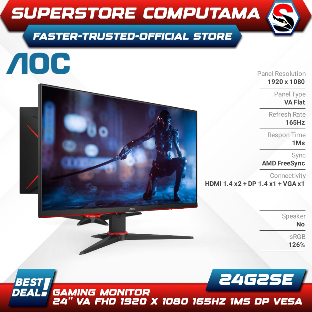 Monitor LED AOC 24G2SE 24" VA 1080p 165Hz VGA HDMI DP VESA HDR
