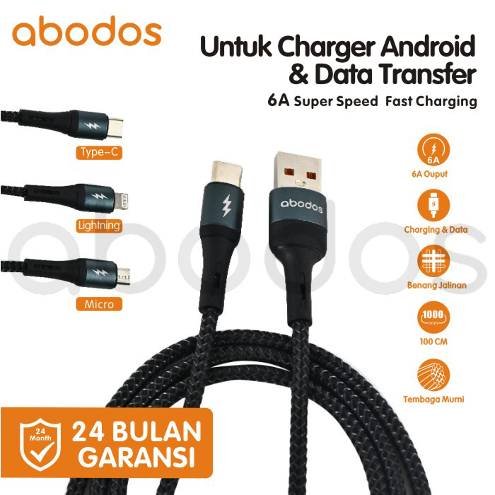 Abodos Nylon Braided Kabel Data Berteknologi Pintar &amp; Pengisian Cepat 6A/100 W