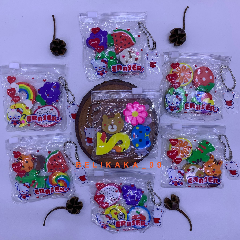 (4 PCS) PENGHAPUS ANAK ANAK MOTIF KARAKTER LUCU ISI 4 / PENGHAPUS MINI KARAKTER / ERASER CARACTER / PENGHAPUS PENSIL MOTIF ANIMAL DAN BUAH