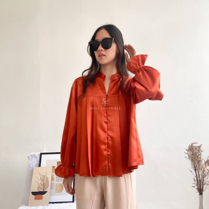 ALUNA Blouse Kerah Shanghai - Puffy Top Satin - Atasan Tangan Panjang  Busui Friendly 0436