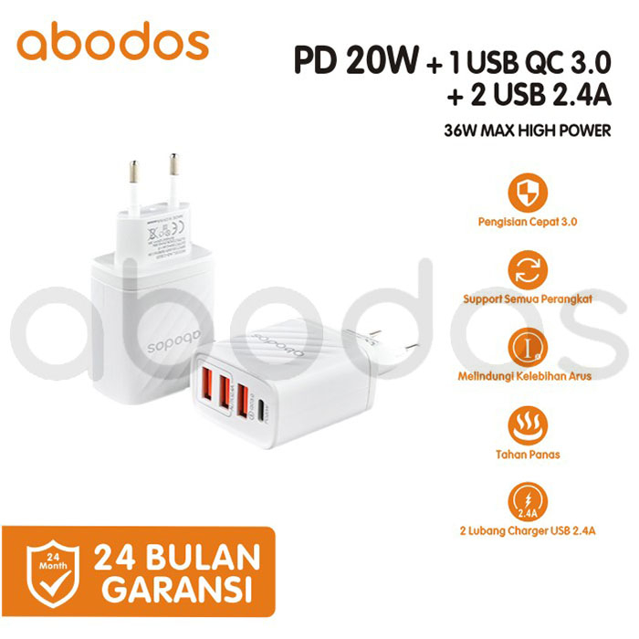 Abodos PD 20W + 1 USB QC 3.0 + 2 USB 2.4A 36W MAX HIGH POWER