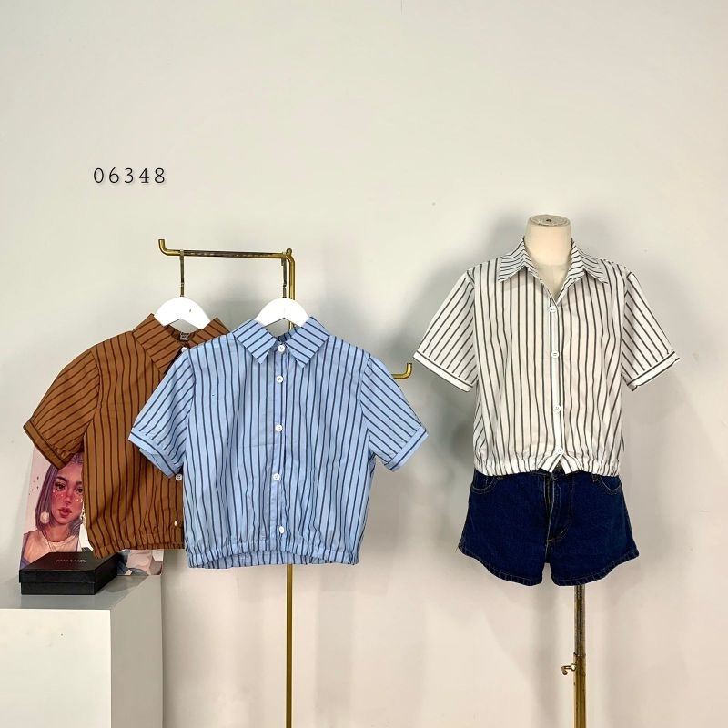 06348 Atasan Blouse Kemeja Crop Salur Zar4 Kerut Bawah Premium / Blouse Crop Import Premium