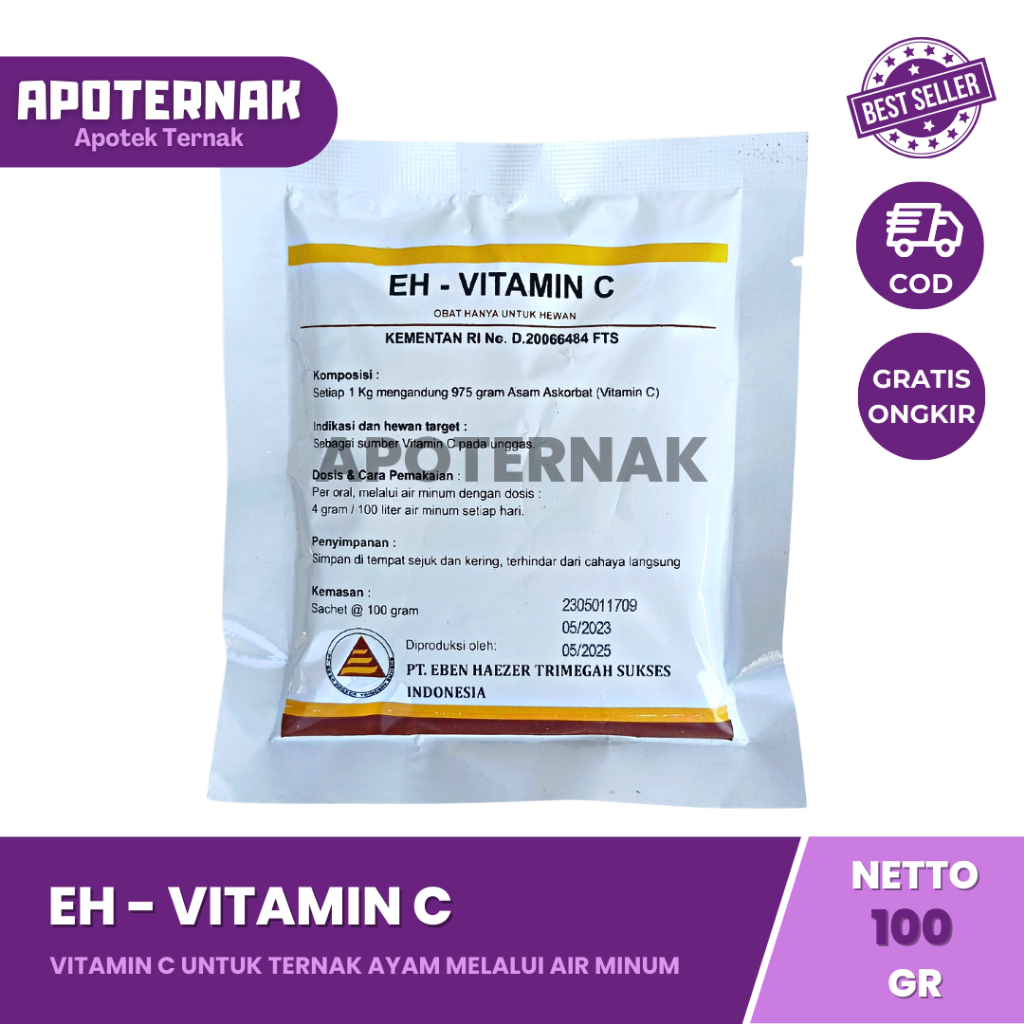 EH VITAMIN C (ASCORBIC ACID UNCOATED 97,5 %) 100 gram | Vitamin C Untuk Ternak Ayam Via Minum