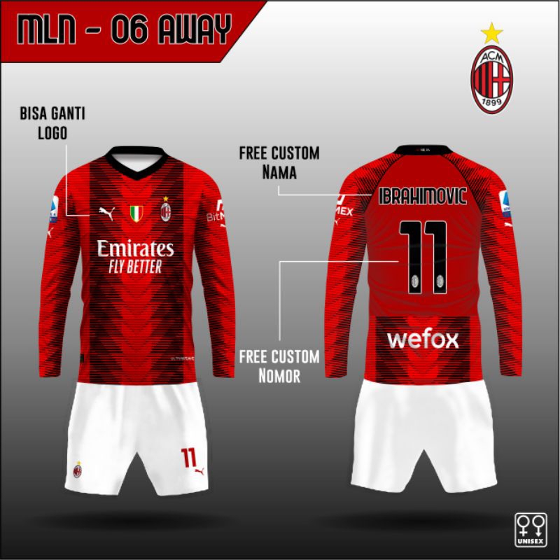 setelan Jersey tim AC MILAN set baju kaos bola tim AC MILAN AWAY lengan panjang
