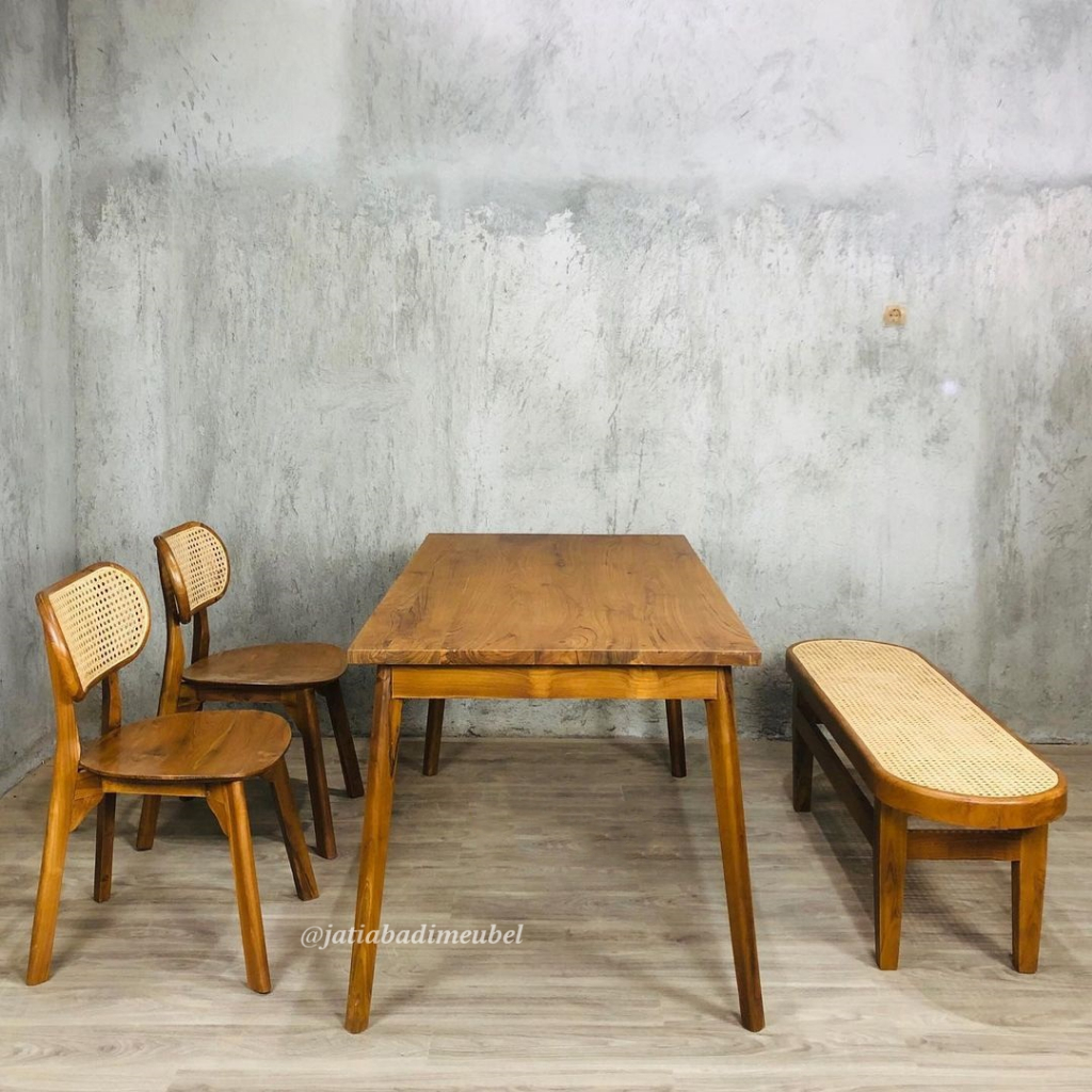 Set Meja Makan Retro Minimalis Kayu Jati Kombinasi Rotan Mebel Jepara