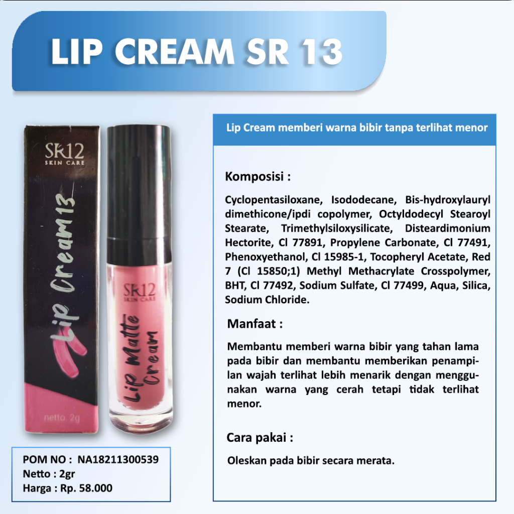 Lip Cream SR12 - Lipstik Tahan Lama &amp; Air / Lip Theraphy Bebas Paraben / Ringan Di Bibir Hasil Warna Yang Lebih Pekat