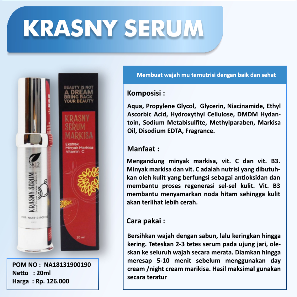 SERUM KULIT KERING / KRASNY SERUM SR12 ANTIOKSIDAN / SERUM VITAMIN C / SERUM MARKISA MEMBANTU REGENERASI SEL KULIT saudagarsr12