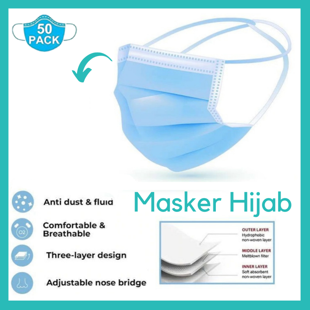 Terlaris Masker HIjab 50 Pcs 3 Ply // Masker Perempuan // Masker Ikat Kepala Termurah 1 Box isi 50 Pcs