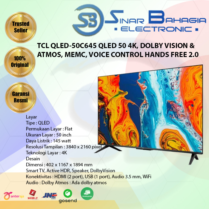 TCL	QLED-50C645	QLED 50 4K, DOLBY VISION & ATMOS, MEMC, VOICE CONTROL HANDS FREE 2.0 (NEW)