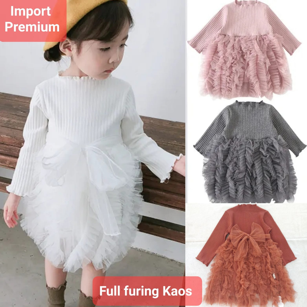 Dress korea anak bayi putih abu ungu coklat gaun pesta ribb import premium