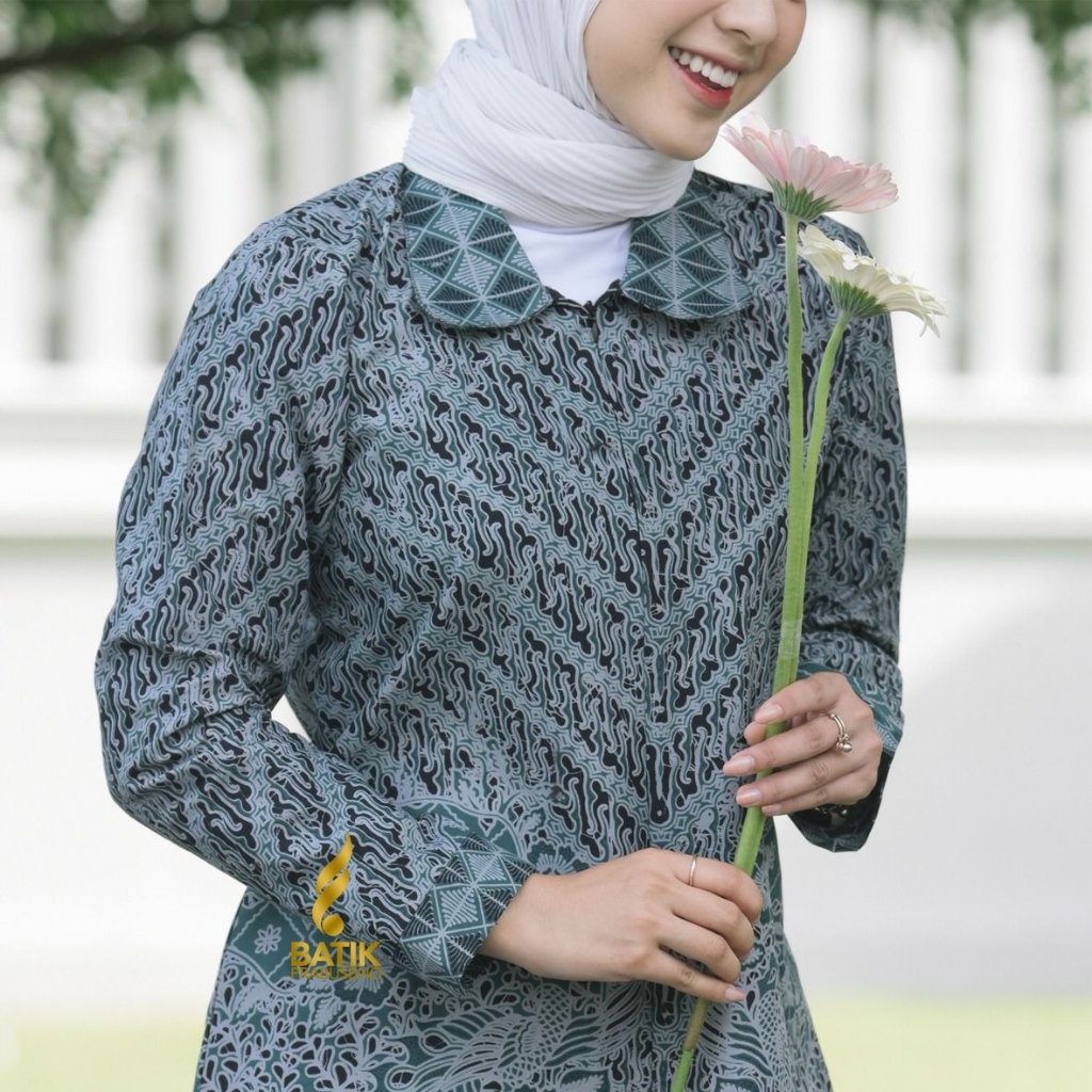 Tunik Batik Wanita Motif ADNAN BIRU Lengan Panjang Model Resleting Depan Full Furing Trikot Katun Pr