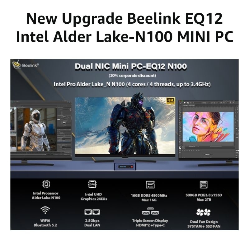 Mini PC Beelink EQ12 N100 16/1TB DDR5 Dual HDMI Dual LAN Windows 11