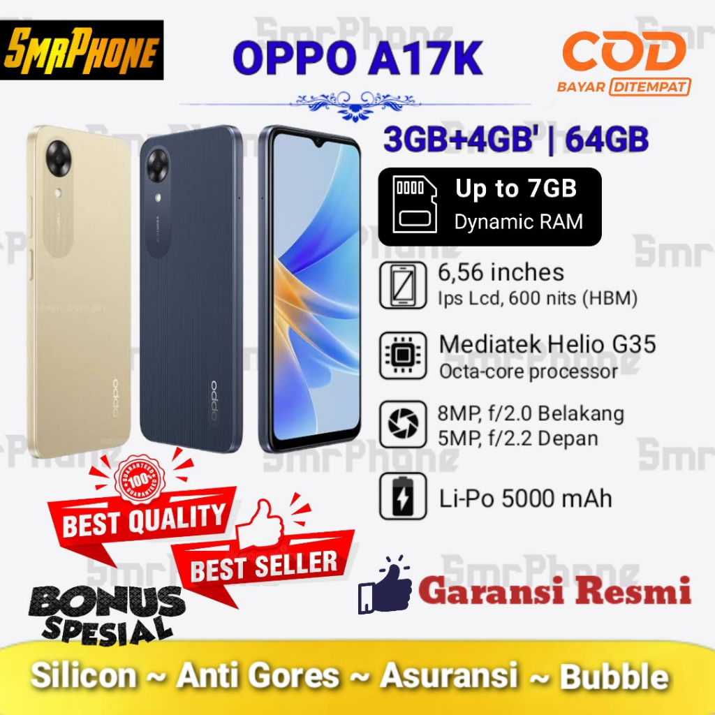 Oppo A17K 3+4GB/64GB | Up to 7GB Extended RAM - Garansi Resmi Oppo