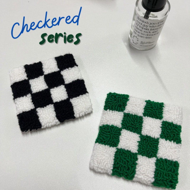 [ Checkered ] Handmade Punch Needle Coasters - Tatakan Gelas - Mug Rugs - Tufting