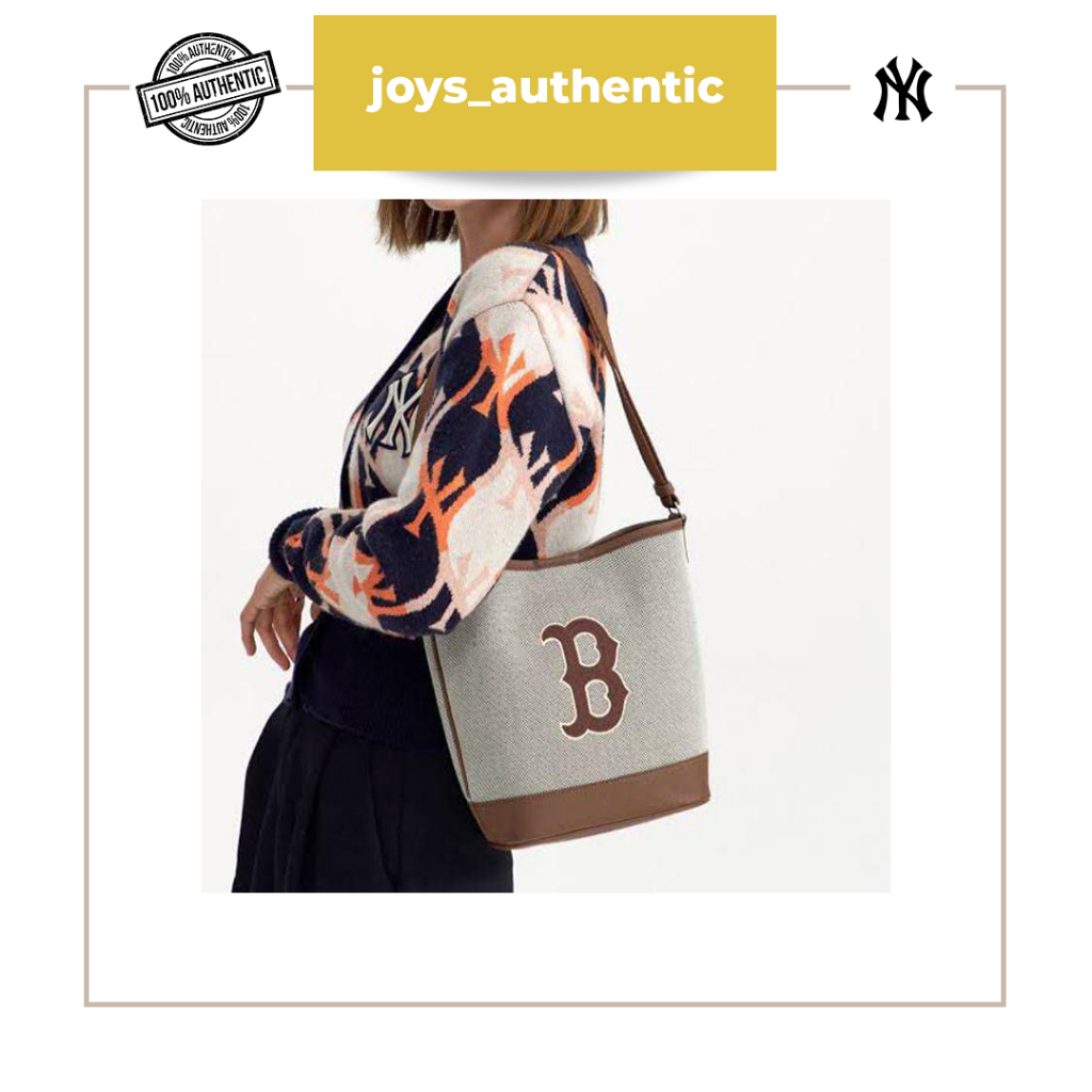 Tas wanita MLB Basic Big Logo Canvas Bucket Boston Redsox Coklat Brown woman bag authentic original