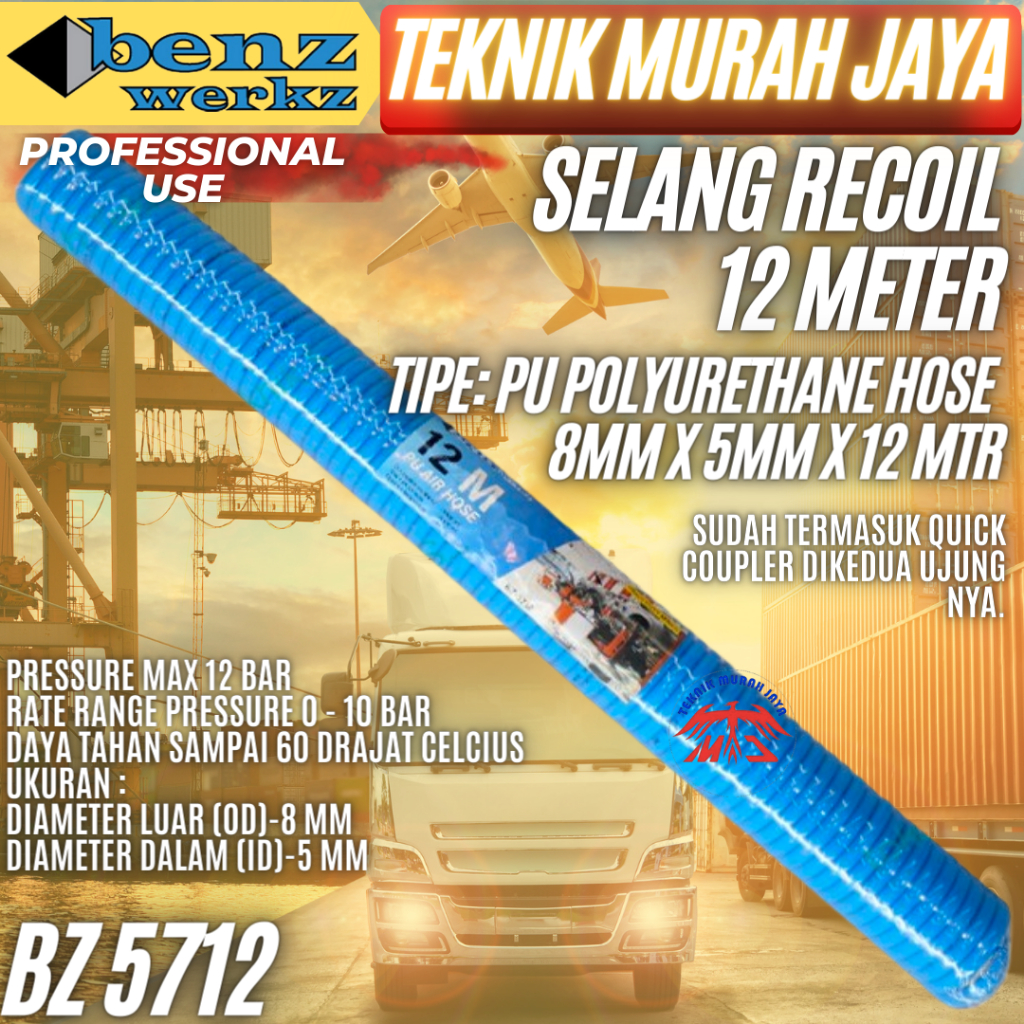 BENZ BZ5712 Selang Angin Kompresor 12 Meter PU (Biru) Recoil Hose 12M