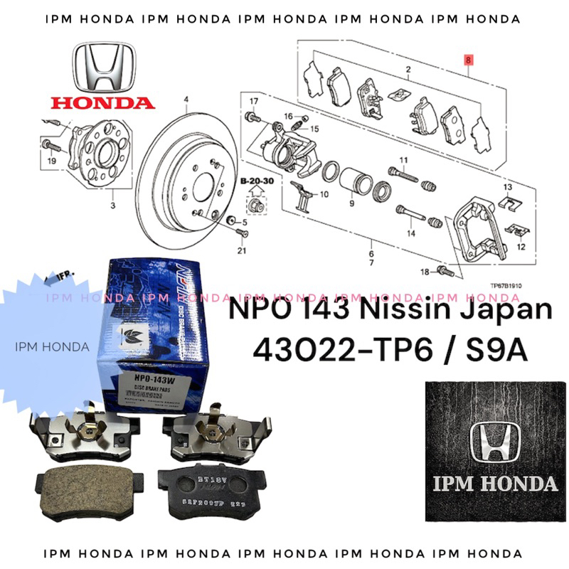 43022 TP6 / S9A Brake Pad Kampas Rem Belakang Honda CRV Gen 2 3 4 2002-2006 2007-2012 2013-2017 Acco