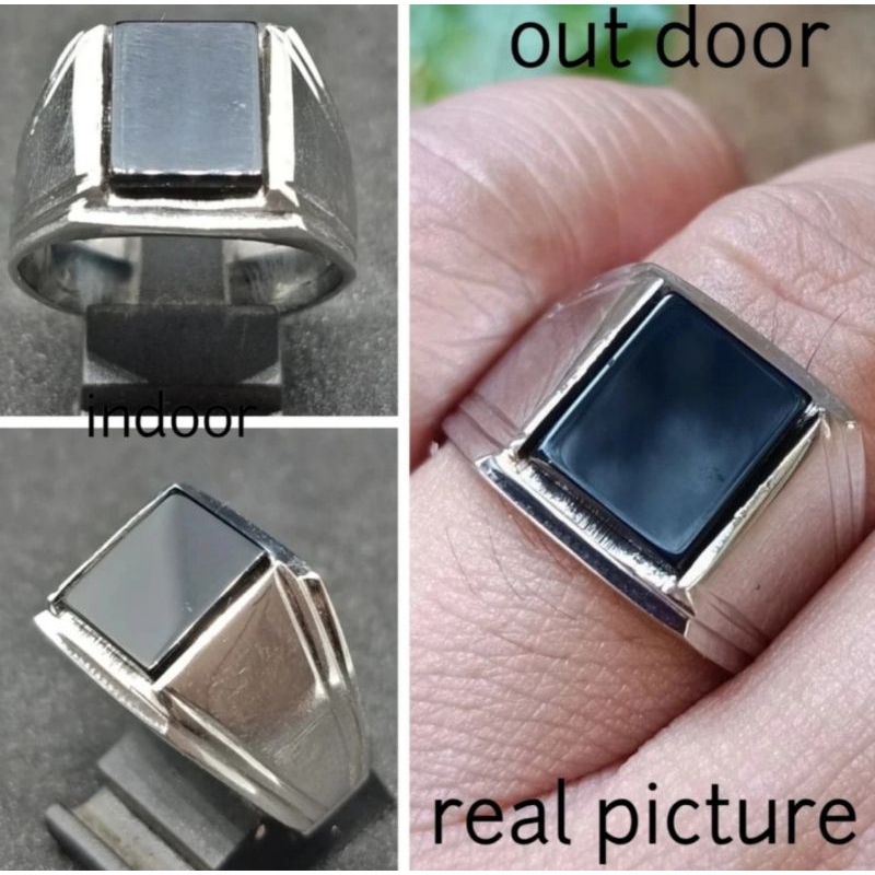 Cincin batu black onyx kotak ring monel