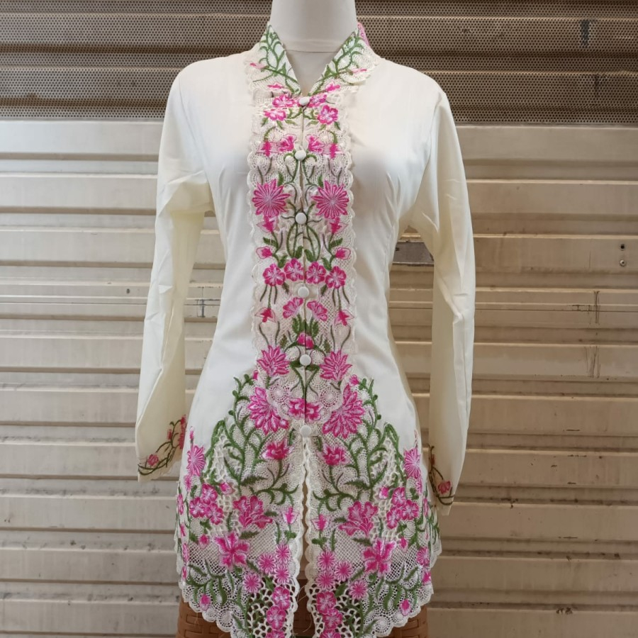 kebaya encim modern hijab lengan panjang bordir katun - Putih