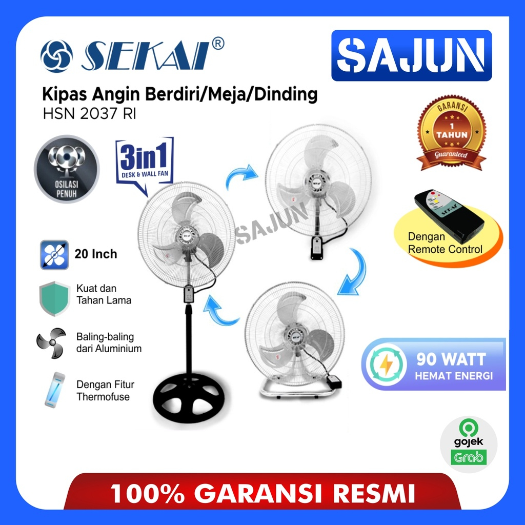 Sekai Kipas Angin 20 Inch Berdiri / Meja / Dinding HSN 2037 RI / HSN2037RI (3 in 1) Remote
