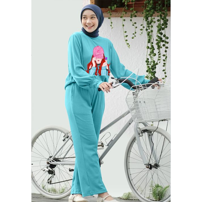 SETCEL LENGAN PANJANG MANSET DTF CEWEK RED HAIR / SETELAN CELANA KEKINIAN LD 110CM &amp; LD 130CM