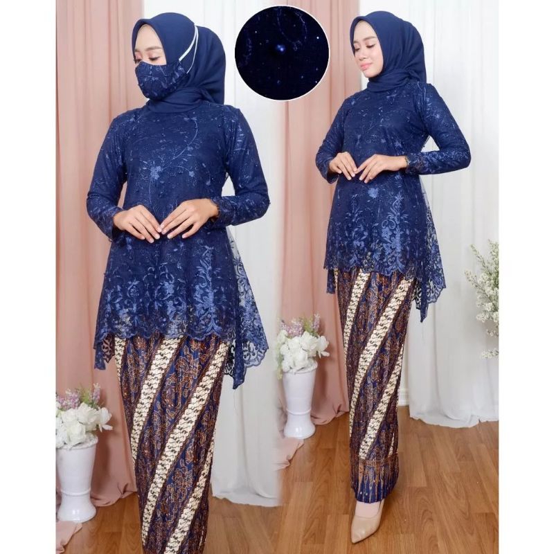 Rinjani Tille - Setelan Baju Kebaya Brukat Tille Modern - Atasan Baju Kebaya Tradisional Mix Rok Pli