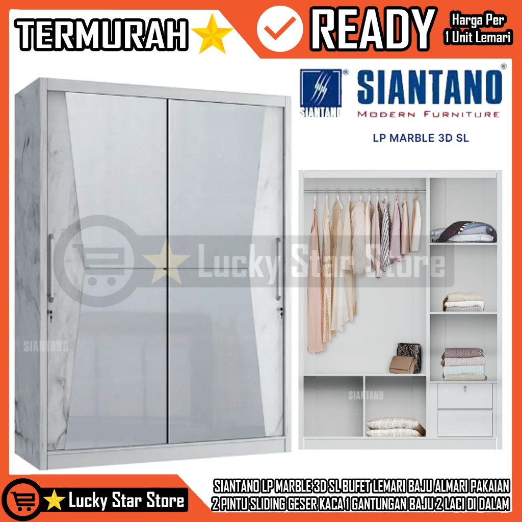 [Instant] Siantano Lp Marble 3d Sl Bufet Lemari Baju Almari Pakaian  2 Pintu Sliding Geser Kaca 1 Ga