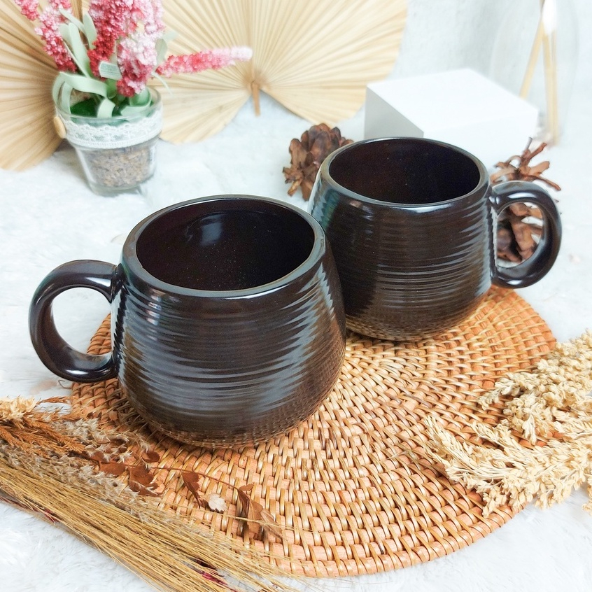 Mug Gelas Donat Hitam Elegan Mewah Gelas Keramik Porcelain Bulat Hitam Unik Cantik