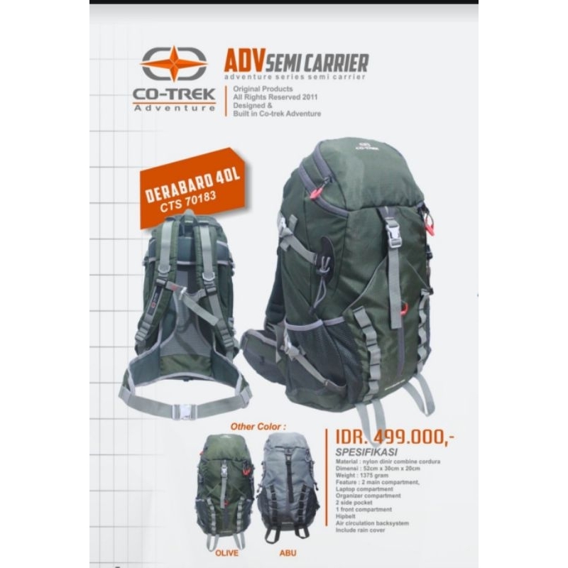 Tas Gunung Semi Carrier Derabaro 40L Free Rain Cover  Co-trek Original