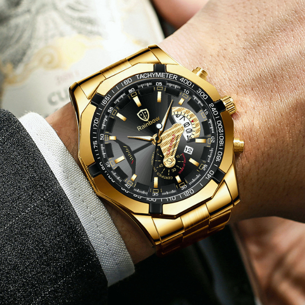 Rainbow COD Asli Jam Tangan Pria Tahan Air Anti Gores Mewah Stainless Steel Watch (Free Box + Card)-1