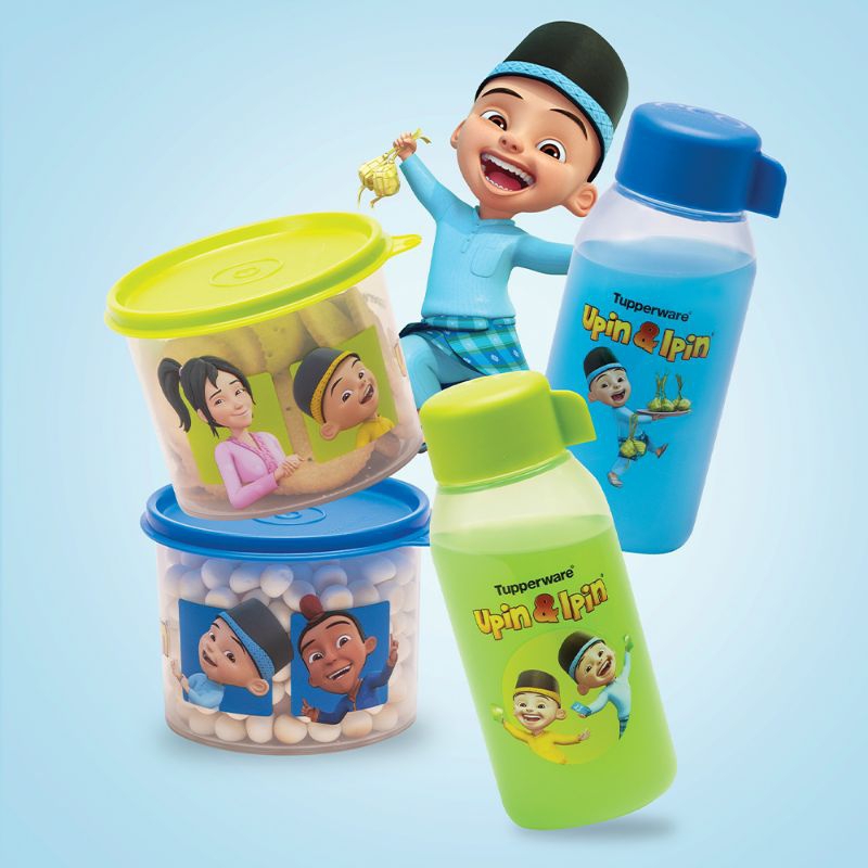 Tupperware Upin Ipin Snack Set Fancy Bottle dan Canister Wadah Camilan Anak Favorit