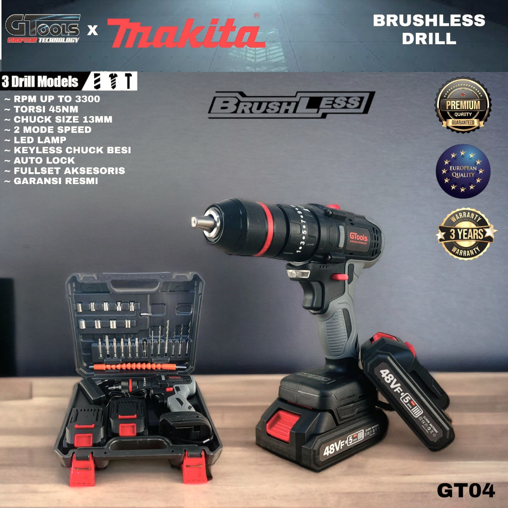 Bor baterai MAKITA 48V 13mm brushless GT04 baterai impact drill fullset mesin bor beton besi kayu sekrup dll