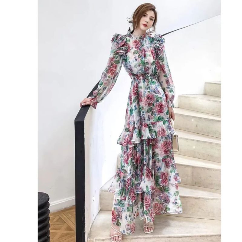 PAKAIAN WANITA BAJU LONG DRESS MAXI SAFARA MAXY RUFFLE TIERED "