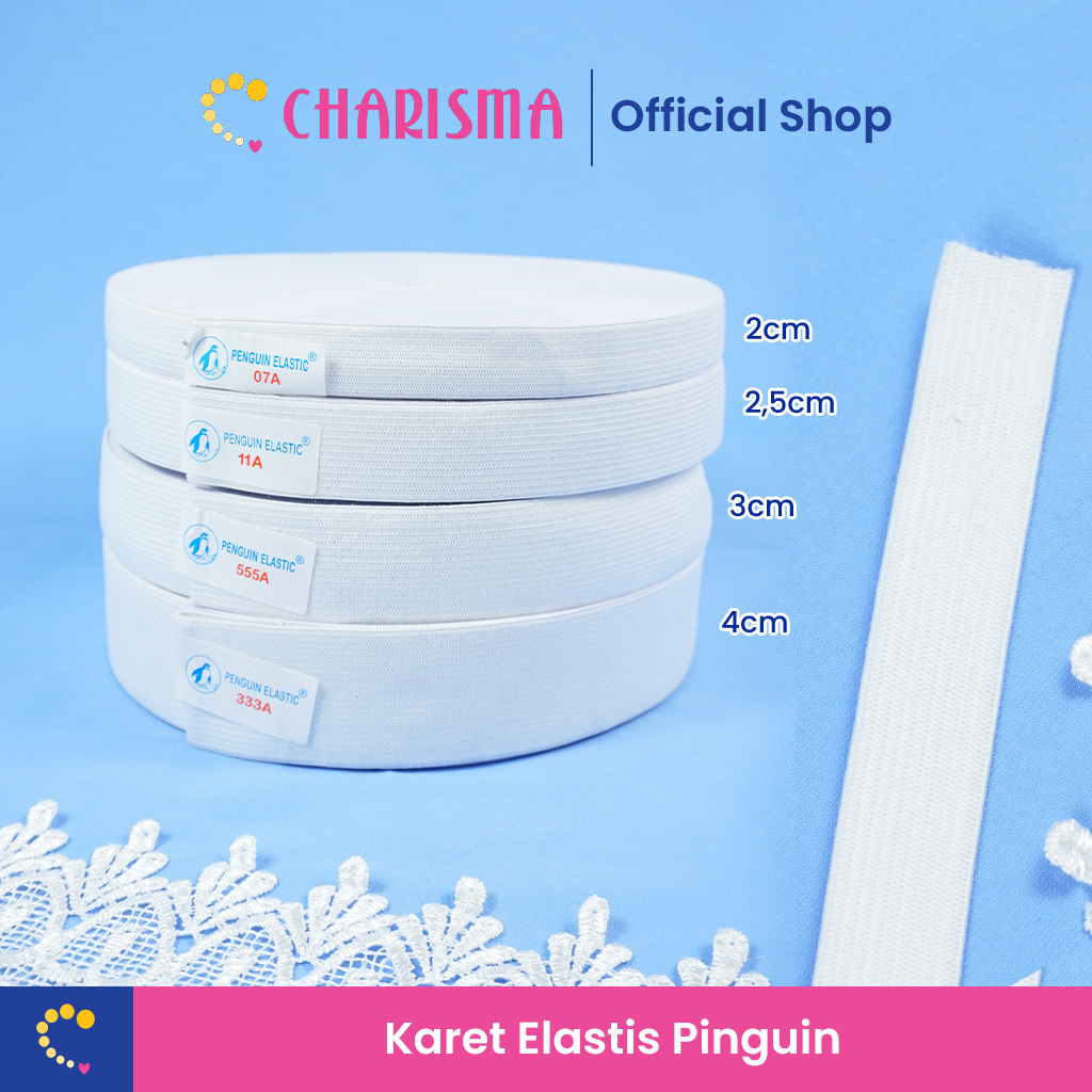 Charisma Karet Elastis Penguin Putih - Karet Elastis Grade A 2cm/2,5cm/3cm/4cm Per Roll (28 Yard)