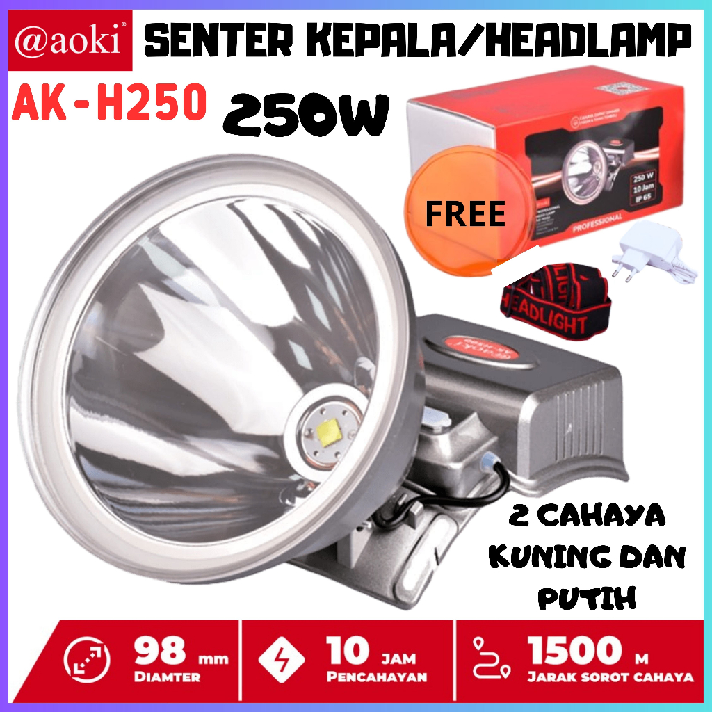 Senter Kepala / HeadLamp AOKI AK-H250 Led Jumbo Cahaya Putih Kuning 250Watt | Senter kepala Anti Air