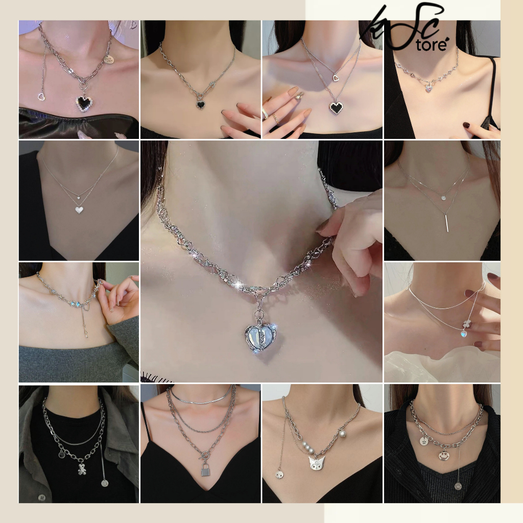 Perhiasan Kalung Wanita Warna Silver Titanium Layer Bertingkat Tumpuk Gaya Aksesoris Fashion Korea L