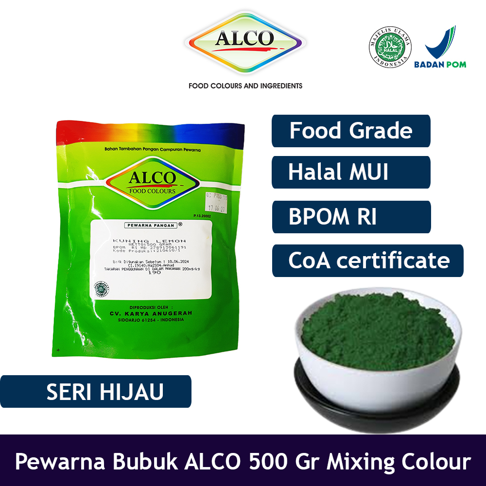 

Pewarna Makanan Kue Bubuk ALCO 500 gr Mixing Colour Warna Hijau