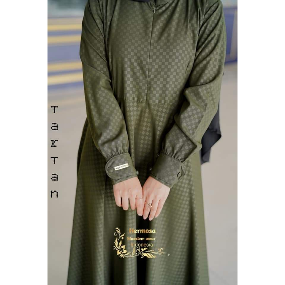 [Gamis Hermosa] Gamis embos hermosa motif tartan warna army-gamis embos army-gamis embos tartan