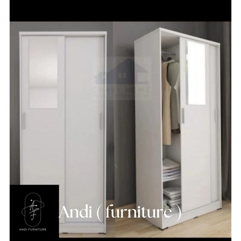 Lemari baju 2 pintu geser minimalis  kayu mahoni