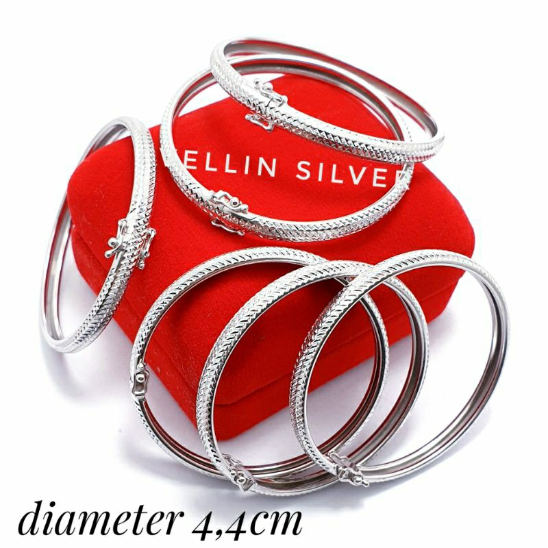 Gelang Silver Anak 925 Model Bulat Ukir - Gelang Tangan Bangle Anak Perak 925 Lapis Emas Putih