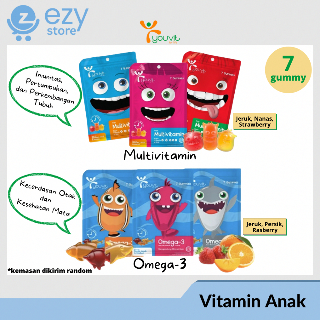 Youvit Multivitamin Omega-3 Gummy Anak 7 Hari / Yupi Anak Sehat / Gummy Anak Sehat / Vitamin C, Vita