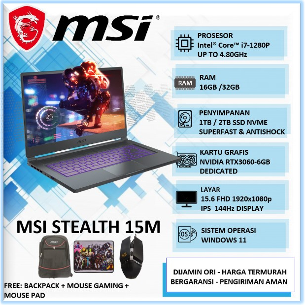 Laptop Gaming MSI STEALTH 15M Intel i7 32GB 2TB SSD RTX3060-6GB