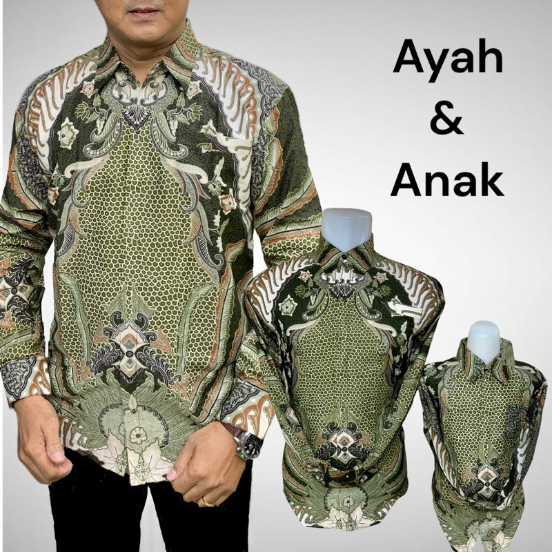 SAGE BARU, Batik couple ayah anak lapisan furing hero warna hijau sage,kemeja batik lengan panjang h