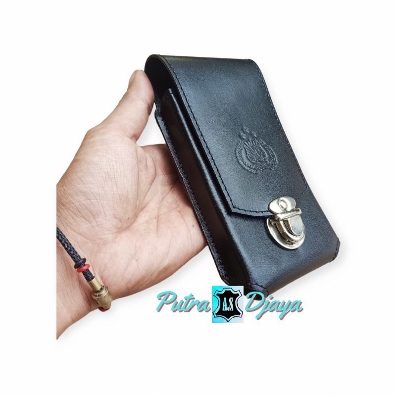 Sarung hp pinggang pria kulit asli hitam logo polri