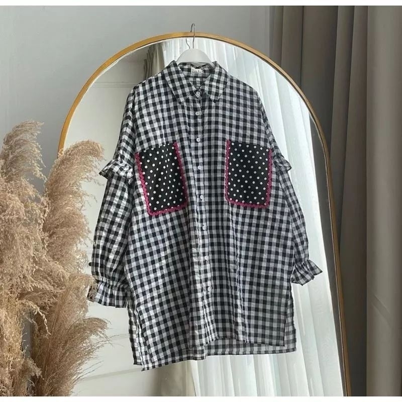 Nuna Shirt Polka kemeja Tunik pocket Polka Batwing