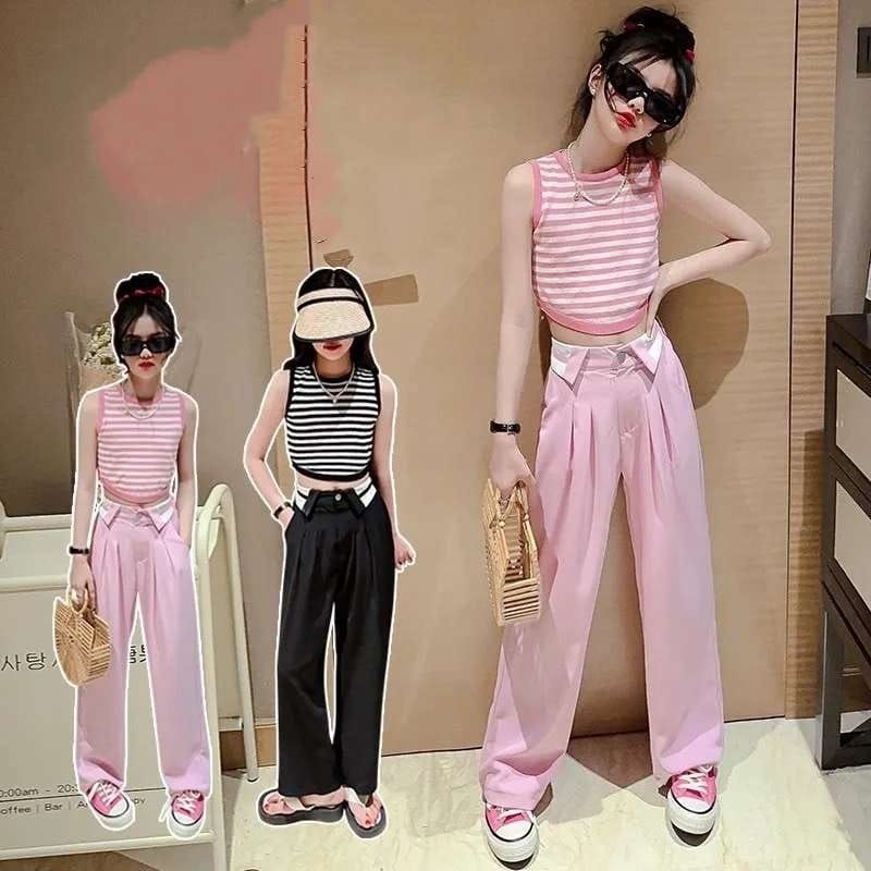 setelan crop top anak perempuan import 6 tahun - 14 tahun celana panjang baju pendek setelan anak pe