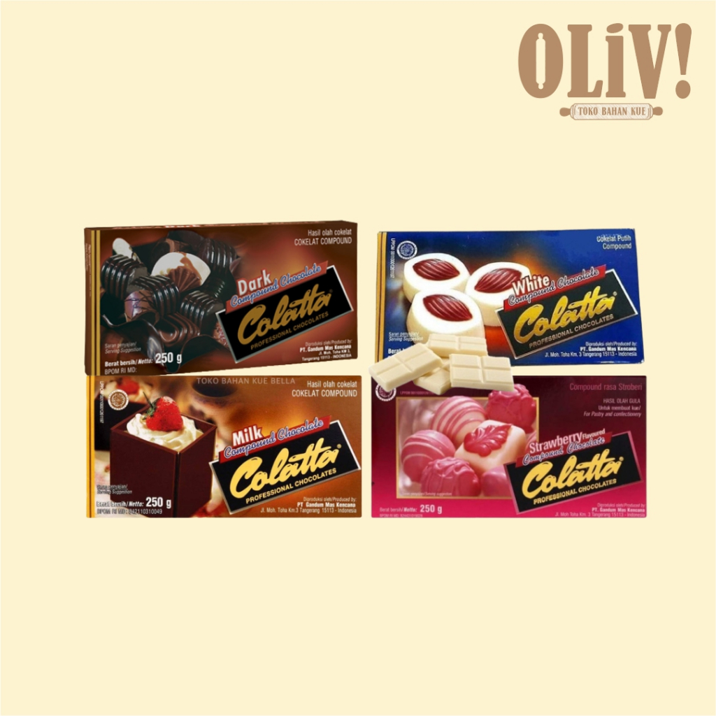 

Coklat Colatta Compound MILK, STRAWBERRY, DARK & WHITE 250gr