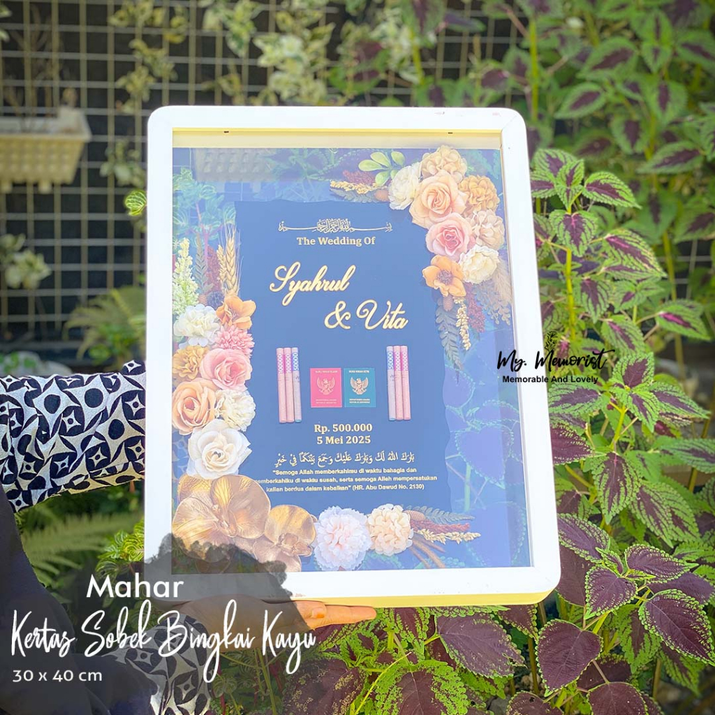 Mahar Kertas Sobek Bahan Akrilik Bunga Rustic Bingkai Kayu